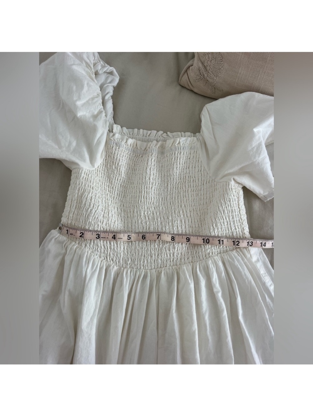 White Smocked Maxi Dress w/ Floral Trim - Picture 3 of 4